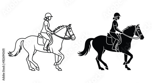 Equestrian Rider on Horse – Line Art and Silhouette Illustration Set