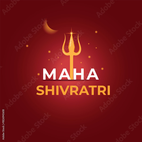 Maha Shivratri banner. Hindi celebration creative card for web. Trident, moon, star, text. Vector illustration