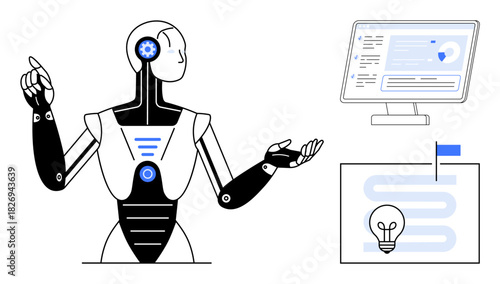 Humanoid robot gesturing near a monitor displaying data and a board with project milestones. Ideal for AI, automation, future technology, robotics, workflow, project management, and innovation