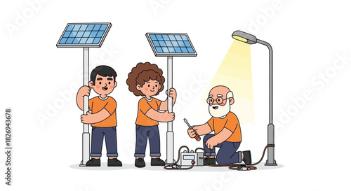 Cartoon Workers Installing Solar Panels and LED Street Light Illustration