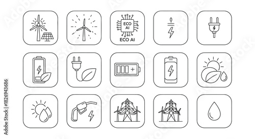 Set of thin line icons representing renewable energy, ecology, and sustainable power sources.