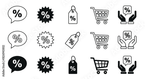 Set of Discount and Sale Percentage Icons – Promo Tags and Shopping Symbols