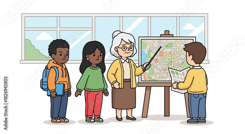 An elderly female teacher with glasses points to a map on an easel, teaching a diverse group of three young students in a classroom.