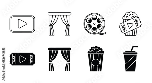 Collection of various movie-related icons, including tickets, popcorn, and film reels.