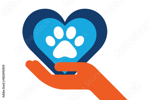 A hand holds a heart with a paw print inside, symbolizing animal care and love.