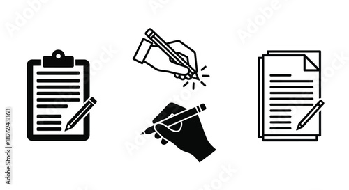Set of Writing and Signing Documents Icons – Clipboard and Hand with Pen Illustration