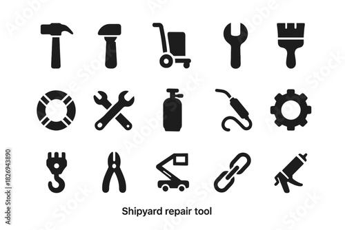 Shipyard repair tools icons: hammer, wrench, paintbrush, safety gear, welding torch