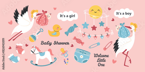 Baby set with cute storks and babies boy and girl, baby supplies set and infographic. Vector illustration for newborns.