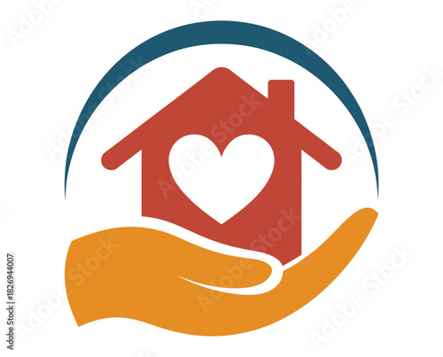 A hand gently cradles a house with a heart inside, symbolizing care and home.