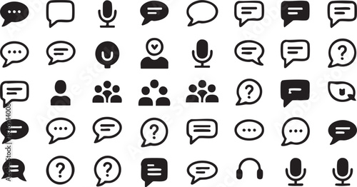 Glyph Style Chat and Audio Icons Set of Voice Recording Mics Message Bubbles and Team Symbols in Black