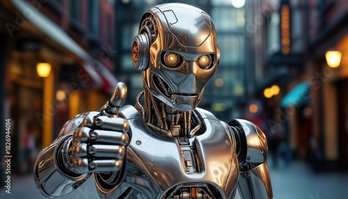 A shiny, humanoid robot stands confidently, giving a thumbs up. The sleek design highlights modern technology with metallic surfaces and glowing eyes. The backdrop emphasizes a futuristic environment.