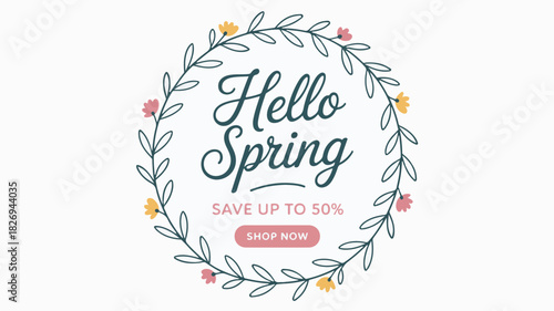 Hello Spring Floral Wreath Sale Announcement With Shop Now Button discount offer