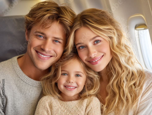 family fly on an airplane