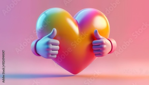A colorful heart figure is displayed, with two hands giving a thumbs up in celebration of happiness and love. The vibrant design creates an uplifting atmosphere.