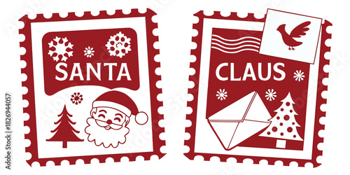 Two festive red postage stamps, one featuring Santa Claus and a Christmas tree, the other with the word 'CLAUS', an envelope, and a dove, all isolated on a white background.