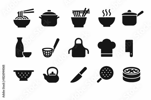 Set of cooking icons: utensils, pots, and kitchen tools silhouettes