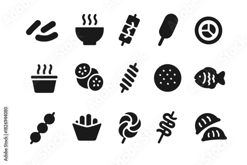 Assorted food icons: hot beverages, skewers, snacks, and more
