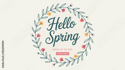 Hello Spring Floral Wreath Sale Announcement With Shop Now Button discount offer