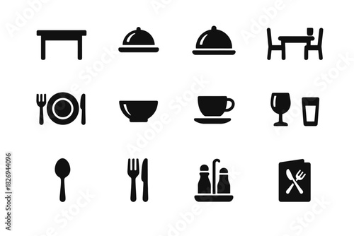 Black dining and tableware icons collection on white background
