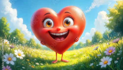 A cheerful animated heart character with big eyes and a smile stands in a bright meadow filled with flowers. The sun shines down, making the scene lively and warm.