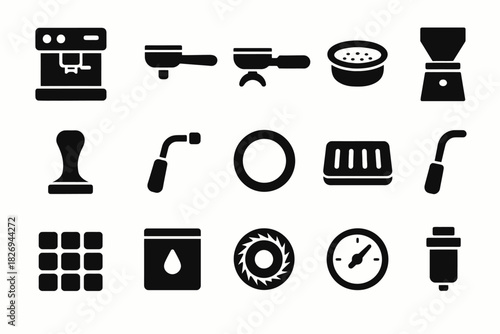 Coffee equipment icons: grinder, tamper, portafilter, steamer, gauge