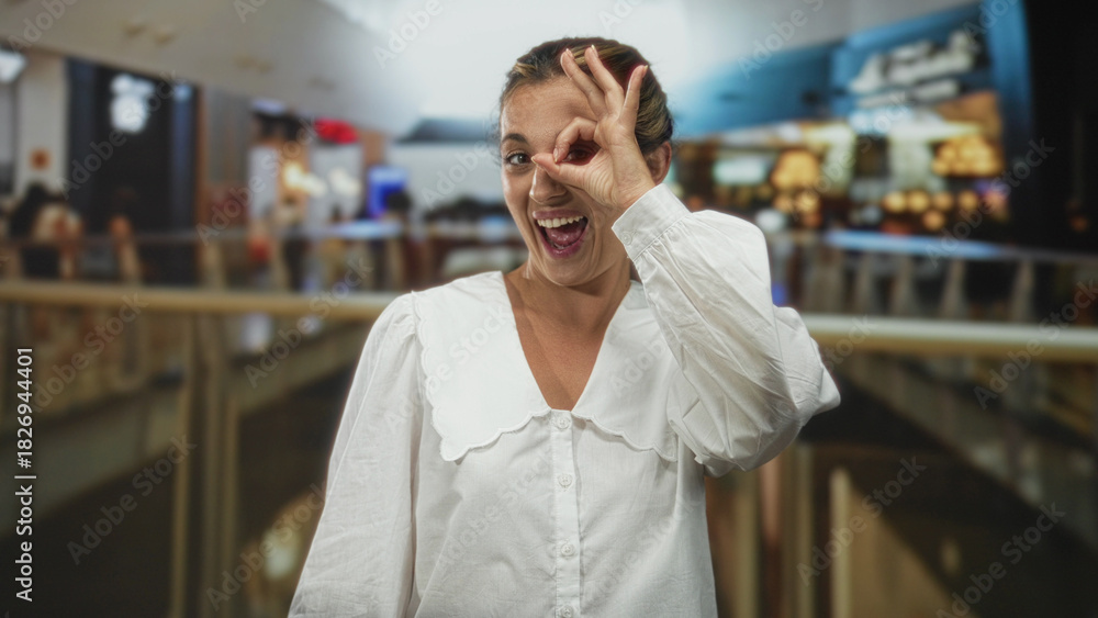 Obraz premium Young blonde woman smiling and making ok sign with hand to eye in a busy shopping mall building, wearing white blouse; joy discovery.