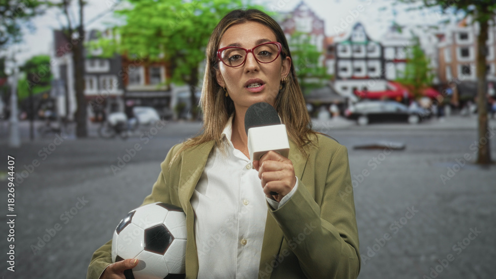 Fototapeta premium Woman reporter holds microphone and soccer ball while speaking on busy street; confidence sports reporting.