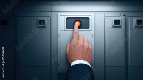A hand pressing a red button on a locker panel, suggesting interaction with a secure storage system in a modern environment.