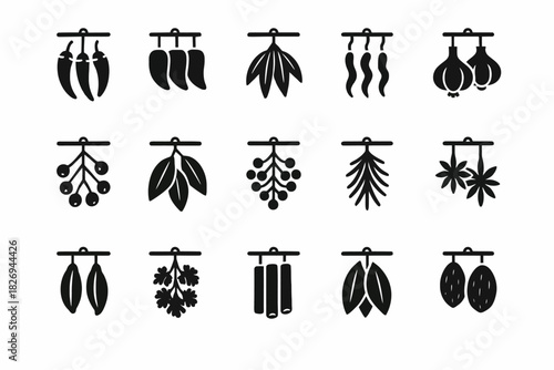 Collection of hanging spice and herb icons in black and white