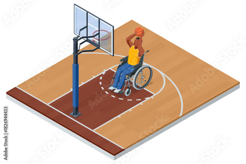 Isometric illustration of a wheelchair basketball player in a yellow uniform preparing to shoot the ball toward the hoop on an indoor court. Inclusive adaptive sports concept.