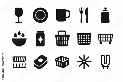 Kitchen and dining icon set: glassware, utensils, dishware, and cleaning supplies