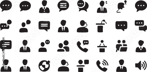 Glyph Style Conference and Management Icons Doodle Collection of Business People Podium, and Customer Support Avatars