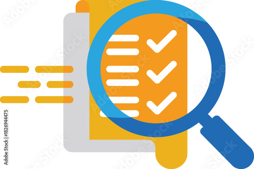 Magnifying glass over a checklist on a document represents review and analysis