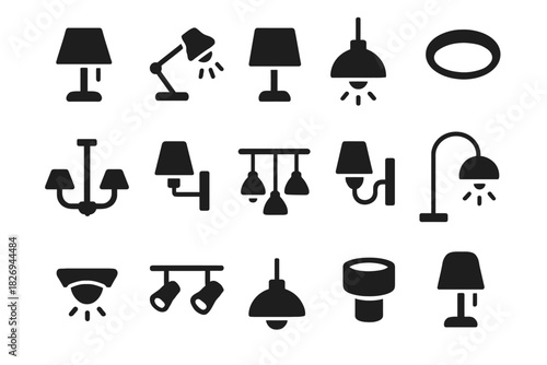 Various black silhouette icons of lamps and lighting fixtures