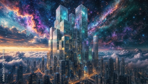 Stunning futuristic cityscape with towering skyscrapers and vibrant galaxy sky at sunset
