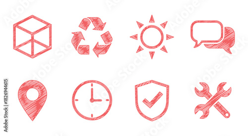 UI. Icon Set. Hand Drawn. A red vector collection of eight user interface icons with a crayon or sketch texture for a website, a mobile app, or an e-commerce design element project.