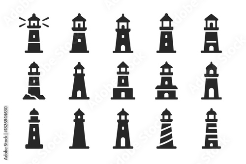 Minimalist lighthouse icons set in various designs and styles