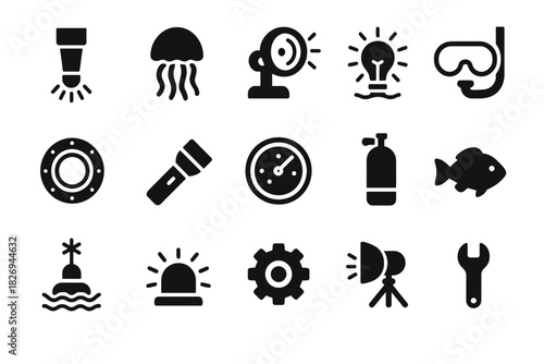 Collection of dive and nautical icons: flashlight, jellyfish, gauge, fish, and more