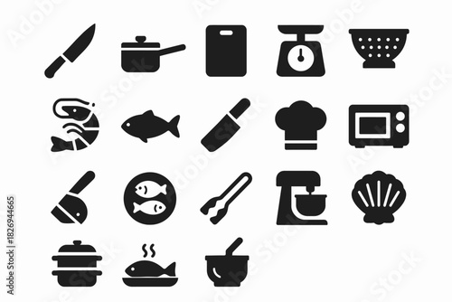 Kitchen icon set featuring tools food cooking and appliances