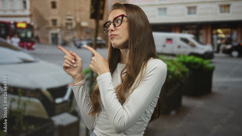 Fototapeta premium Woman on a city street wearing glasses and a white long sleeve top pointing both index fingers to the right with a shrugging shoulder and slight smirk near parked cars and planters; skepticism.