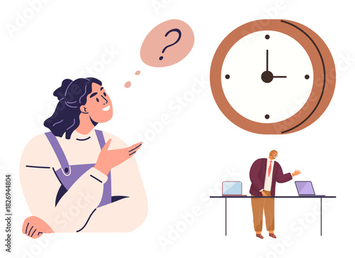 Woman pondering with a question mark and clock overhead, while a man works at a desk with laptops. Ideal for productivity, planning, teamwork, focus, goal-setting, decision-making, simple flat