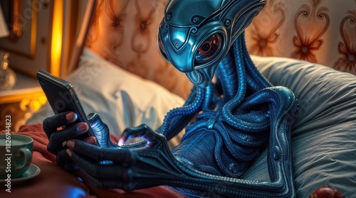 A unique alien being with intricate features lounges comfortably in an opulent bed, engrossed in its smartphone, illuminated by soft lighting in a lavish environment at night.