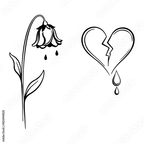 broken hand and flower dry dead spiritless plant silhouette set