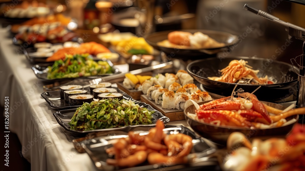 Obraz premium A lavish buffet offers an array of dishes, including sushi, seafood, salads, and desserts, beautifully presented in a lively restaurant setting during dinner time.