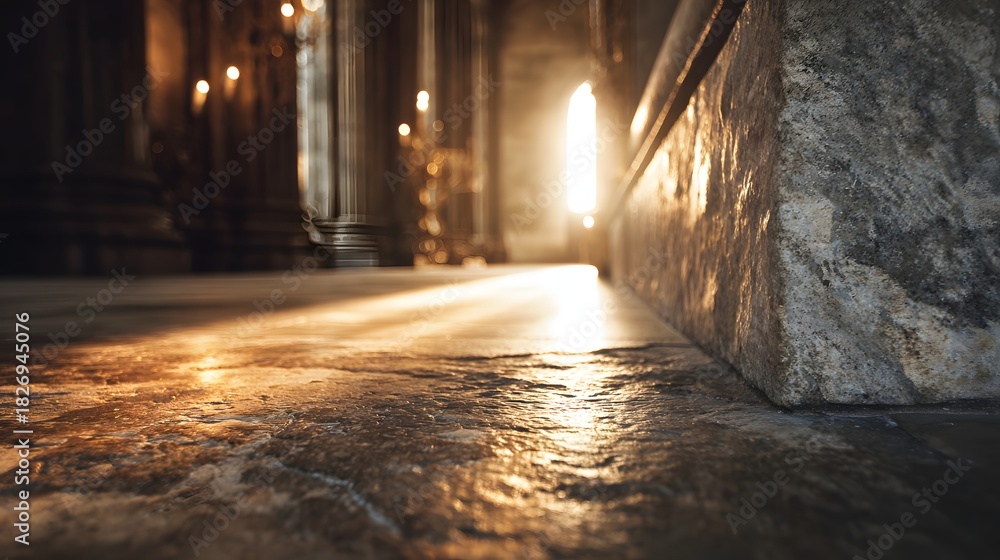 Fototapeta premium Dramatic low angle view captures bright sunlight streaming across a rough stone floor inside a grand hall