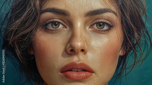 A close-up view of a young woman showing a captivating expression. Her eyes are striking and her lips are full, creating a strong emotional impact against a vivid blue backdrop.