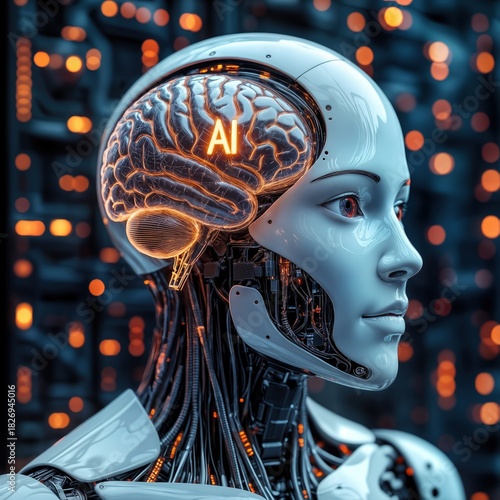 A sleek robotic head is shown, featuring a transparent skull and a glowing brain labeled AI. The background consists of illuminated technology elements, creating a futuristic atmosphere.