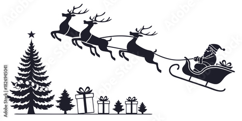 Santa Claus in his sleigh, pulled by reindeer, flying over Christmas trees and gifts, with a large decorated Christmas tree on the left.