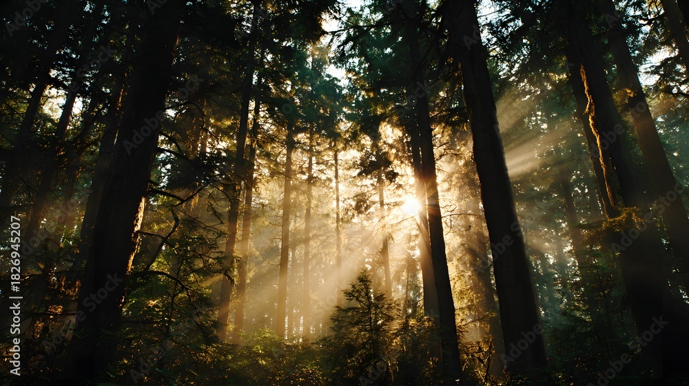 Obraz premium Sunlight streams through the dense canopy of tall, dark forest trees creating atmospheric rays