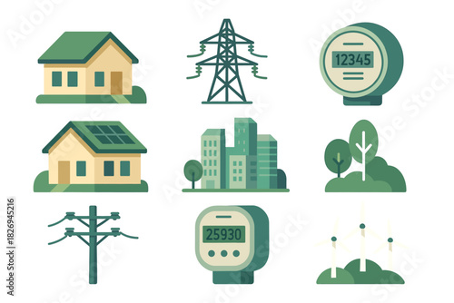 Sustainable energy icons with houses, solar panels, and utilities